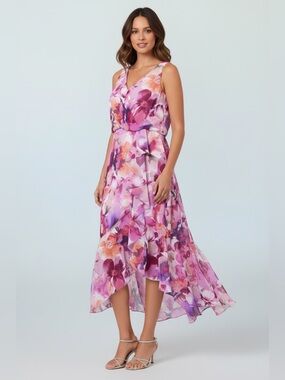 Xscape Pink Floral Chiffon Cascading Ruffle Asymmetrical Hem MIDI Dress NEW